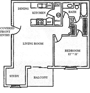 One Bedroom / Study / One Bath - 694 Sq. Ft.*