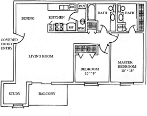 Two Bedroom / Study / One & Half Bath - 1,020 Sq. Ft.*